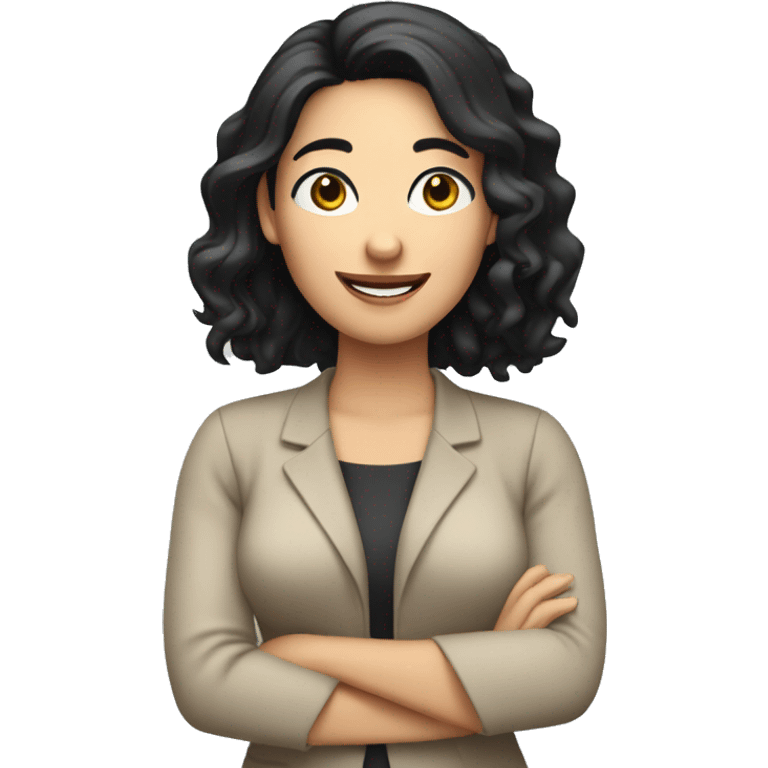 woman editor with smile, white skin, black hair, right hand up emoji