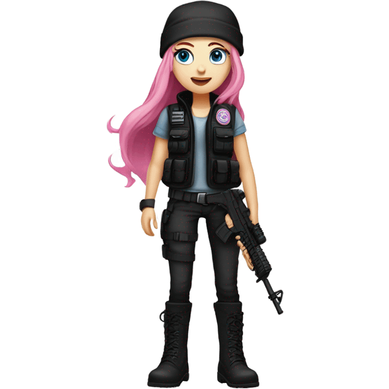 girl, white skin, tactical vest, dark pants, long pink hair, blue eyes, black beanie hat with crescent moon on front, black combat boots, gun, full body emoji