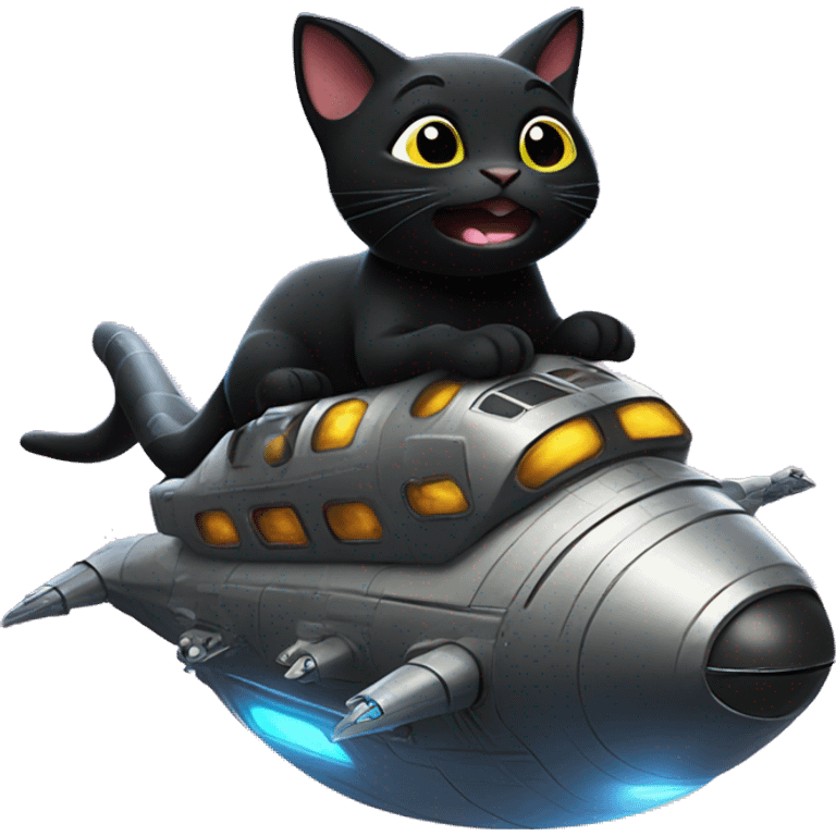 Black cat riding a spaceship onto a planet of dinosaurs  emoji