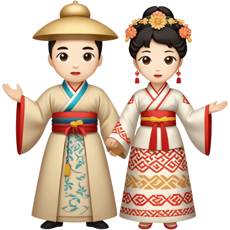 Cinematic Realistic scene of two performers engaging in Ganggangsullae, dressed in traditional Korean costumes with intricate patterns and graceful movements, illuminated by soft, festive lighting that accentuates the cultural ambiance emoji