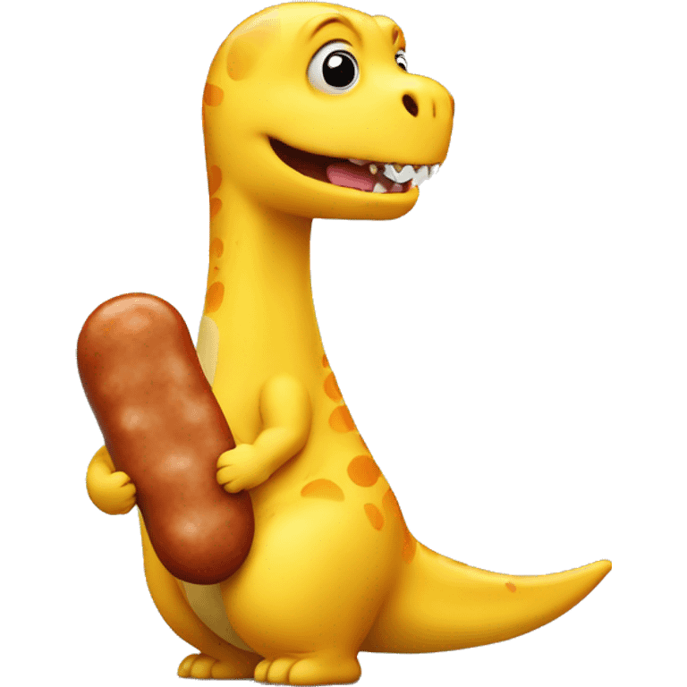 a cute fat yellow dinosaur is eating a jumbo sausage emoji