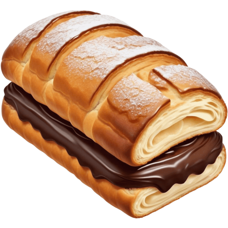 Cinematic warm pain au chocolat, flaky golden-brown pastry with a rich chocolate filling peeking through, perfectly crisp exterior, soft glowing highlights, inviting and indulgent. emoji