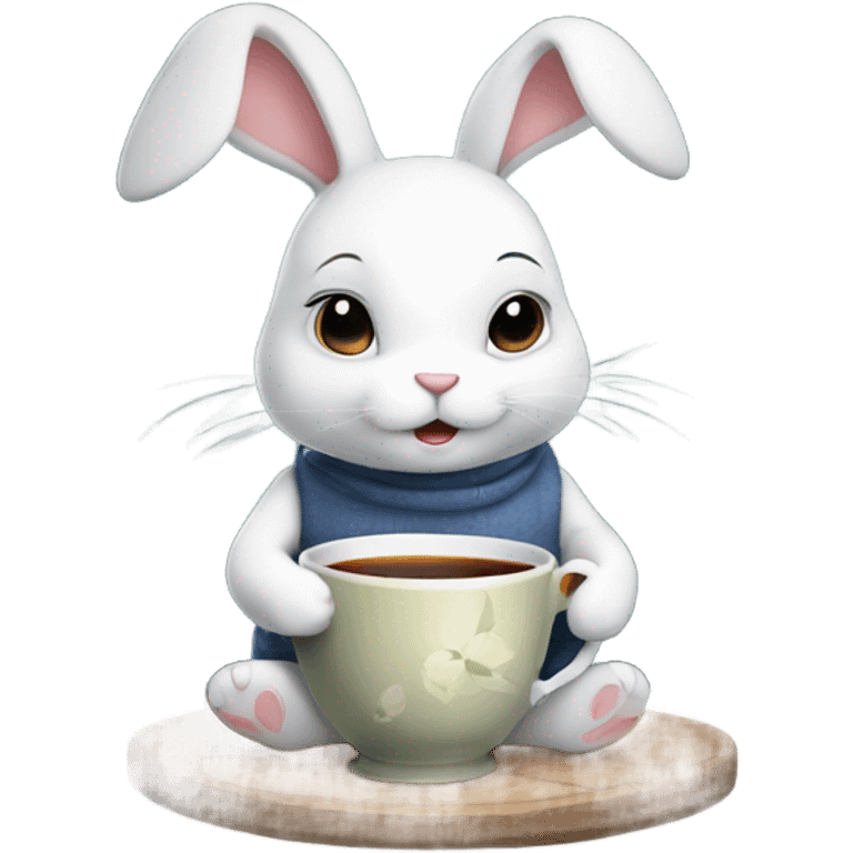 a cute white rabbit sitting and holding a ceramic cup with black tea in its paws, from which steam comes out emoji