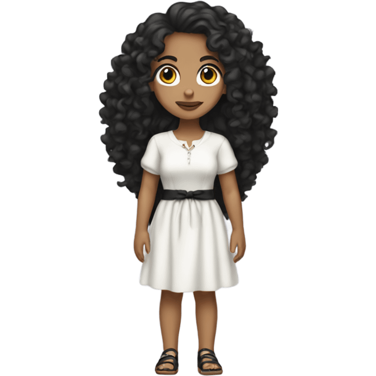 Tan girl with black long curly hair and white tied dress full body emoji