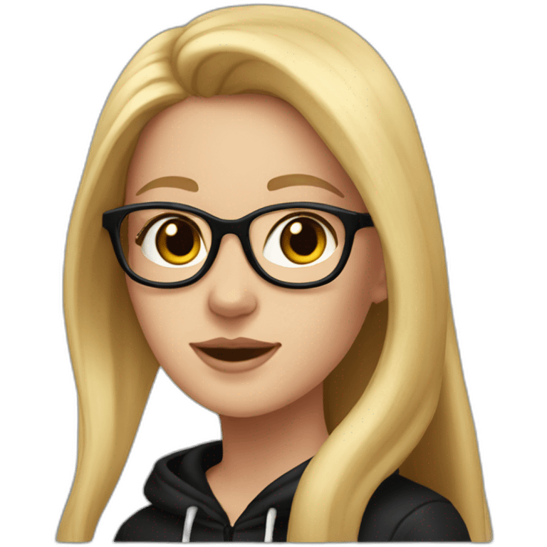 white girl with glasses and long blonde hair and black hoodie and a red doberman emoji