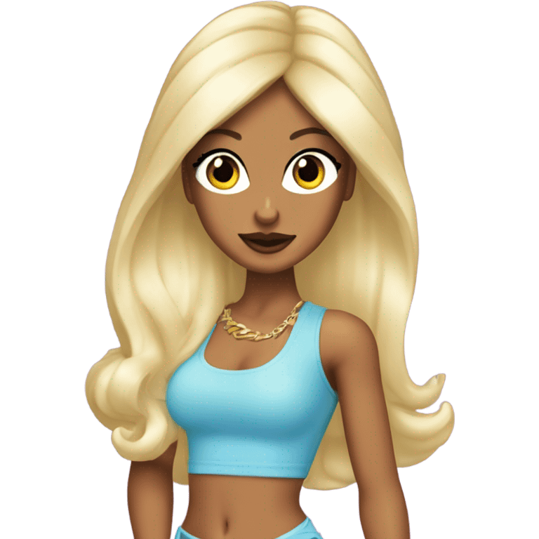 Tanned woman with long black hair, dressed in y2k Paris Hilton hair, makeup, and neon attire emoji