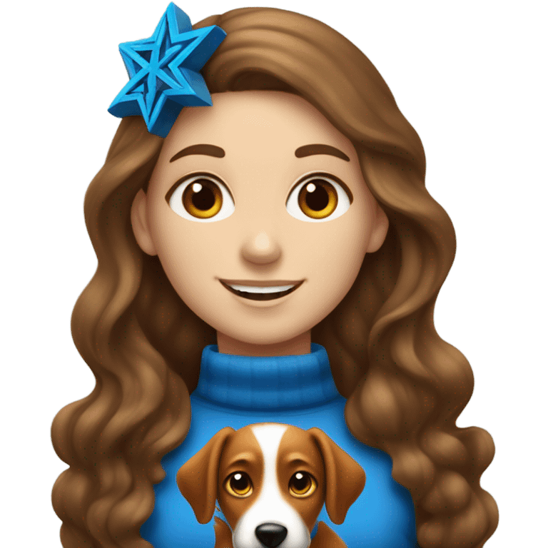 White girl with long wavy brown hair celebrating Hanukkah with her fox looking dog emoji