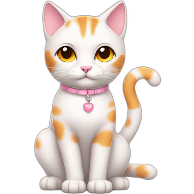 full body white orange cat cute with a small black eyes and a paw pink necklace emoji