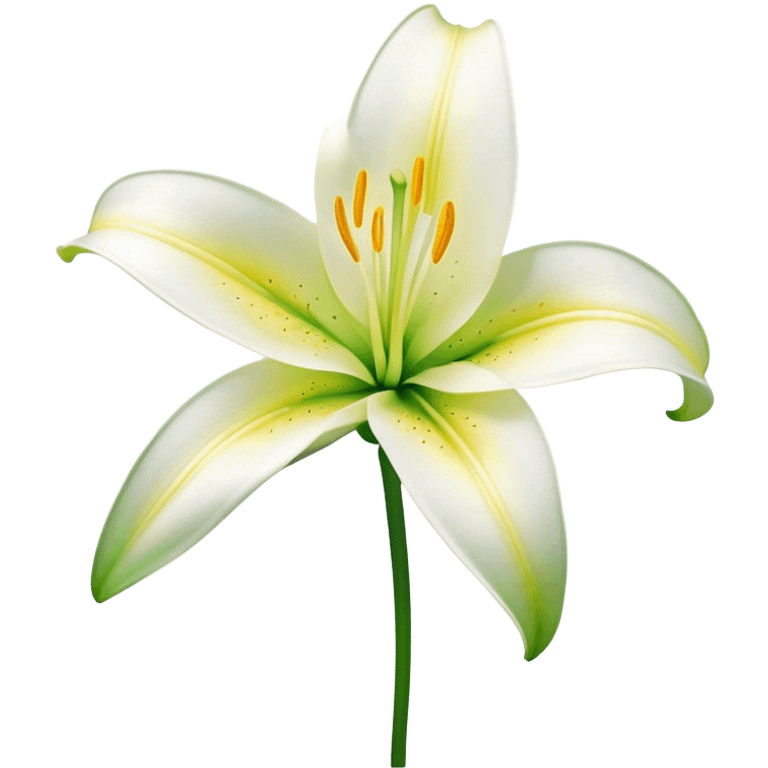 Cinematic Realistic Lily Emoji, Elegant and fragrant, with soft, white petals curling delicately around a golden-yellow stamen at its center. The long, slender green stem stands tall, supporting the vibrant bloom with its slightly curled tips. Soft glowing outline, capturing the essence of purity, elegance, and grace in a striking lily. emoji