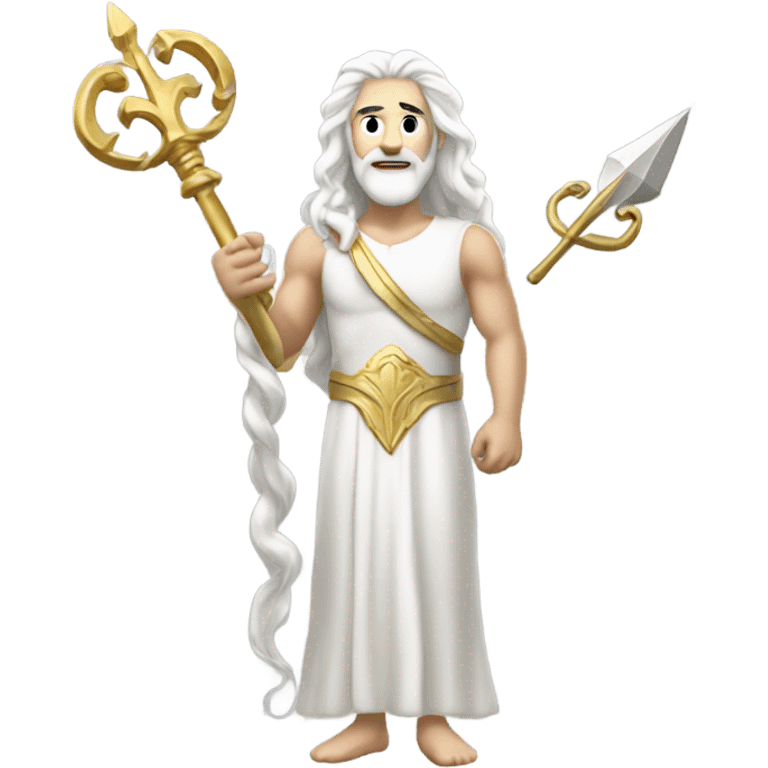 white Poseidon with gold Trident. long white hair white dress. with keys emoji