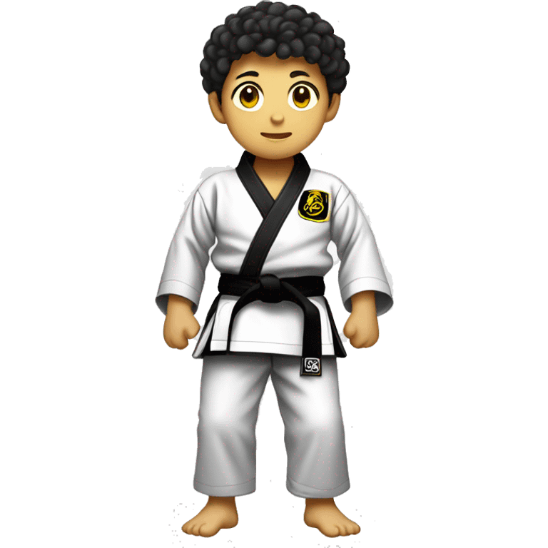 Full body Asian boy with short curly hair wearing a black jiujitsu gi with a yellow belt  emoji