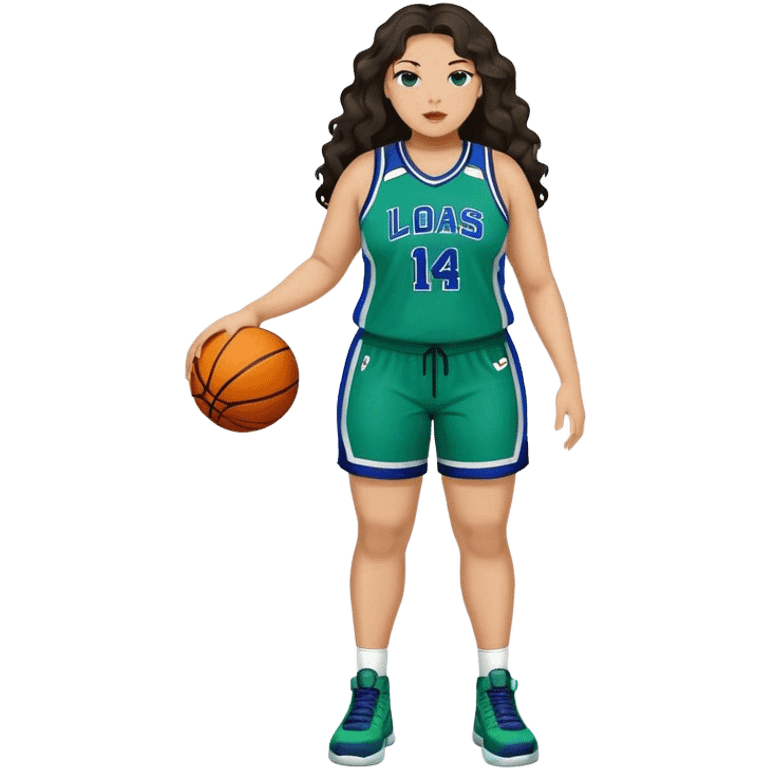 Full Body light skin Latino plus size full figured women basketball player with long wavy dark hair  full face  wearing blue and green uniform emoji