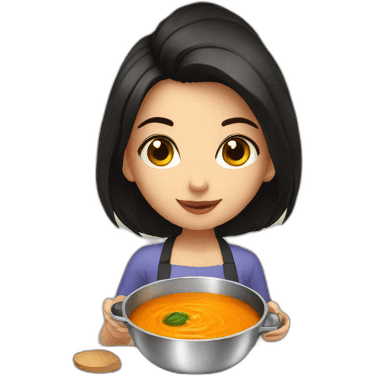 Girl with dark eyes and dark hair, cooking soup with pumpkin emoji