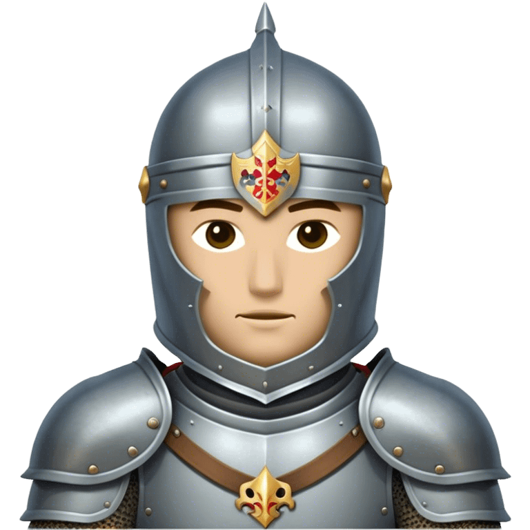 Clash of Clans aesthetic: Cinematic heroic Armored Knight Hero close up Emoji, rendered in a 3D vector-style similar to standard emojis with minimal shading and bold, simplified shapes. A compact, isometric warrior clad in gleaming plate armor with intricate heraldic details, softly glowing with a chivalrous medieval charm. Simplified yet unmistakably iconic, highly detailed and consistent, glowing with a soft radiant shine and high polish. Stylized with a touch of noble valor and a soft glowing outline, wearing a full face helm so that no face is visible with only eyes visible, capturing the essence of a gallant knight ready for honorable battle with a friendly, playful manner! emoji