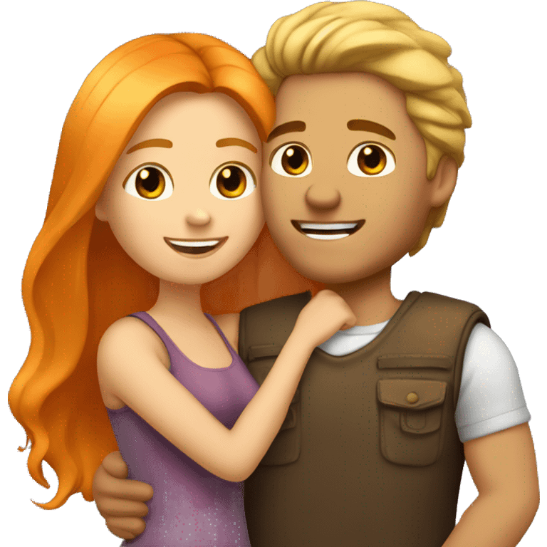 couple hug with warm smiles. The Girl have Brown Long hair und the man blond/orange hair emoji