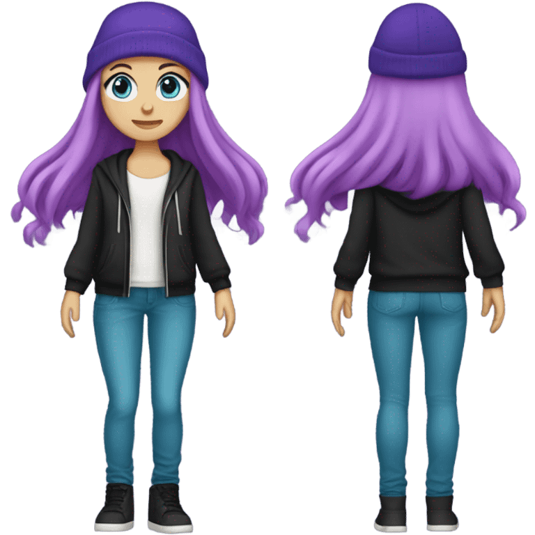 White girl, blue eyes, long teal hair, purple beanie hat, black hoodie, blue jeans, black shoes emoji