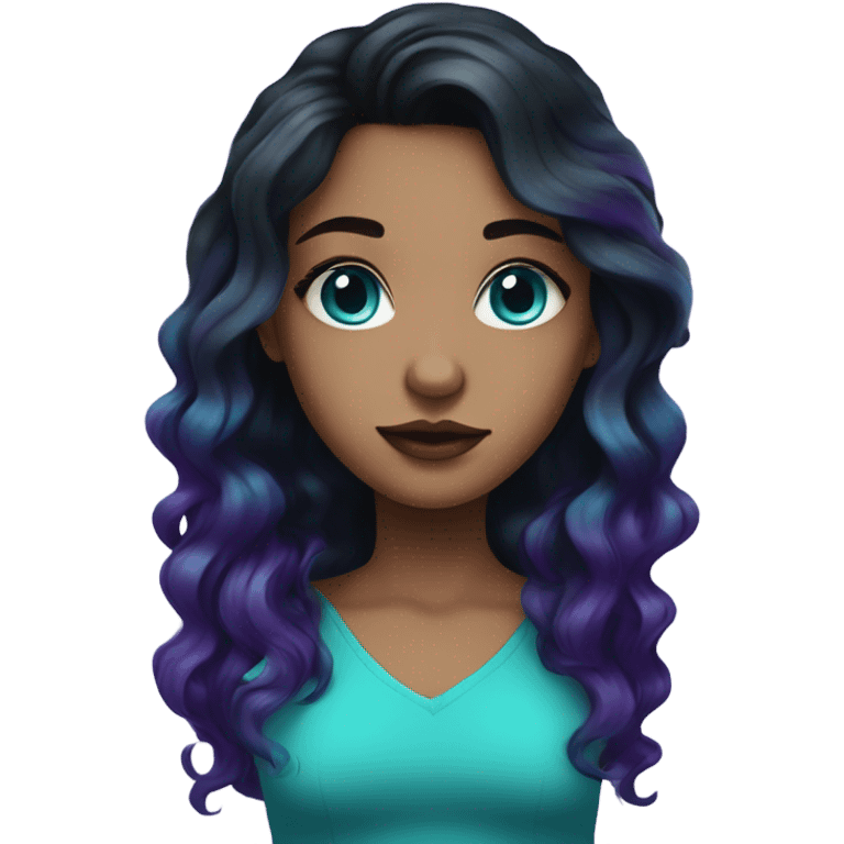 Girl with turquoise eyes and black wavy hair with dark purple and blue streaks emoji