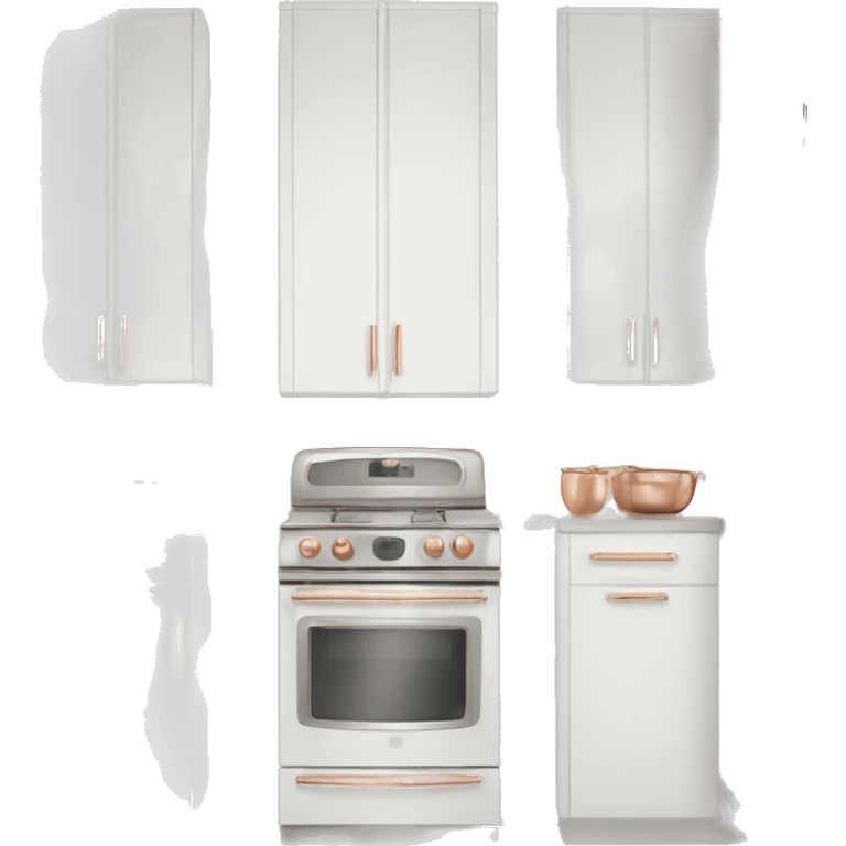 Realistic front facing white and rose gold hanging kitchen cabinets  emoji