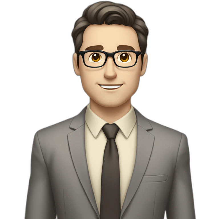 Full height Pale skinned Fit Man With dark brown hair in classic gray suit, beige office shirt, dark gray tie, and vintage glasses. His hands lock emoji