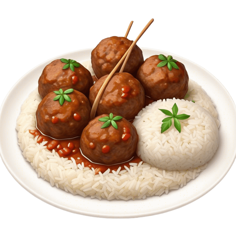 Kofte Cinematic Realistic Kofte Dish Emoji, depicted as spiced meatballs served alongside a portion of fragrant rice, rendered with rich textures and warm, appetizing lighting. emoji