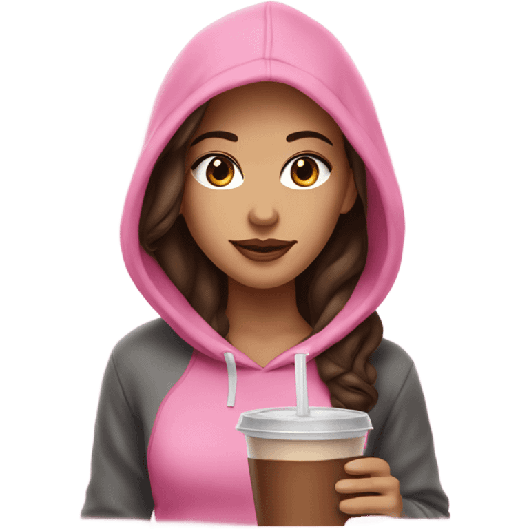 white girl with dark brown hair in a pink hoodie with iced coffee emoji