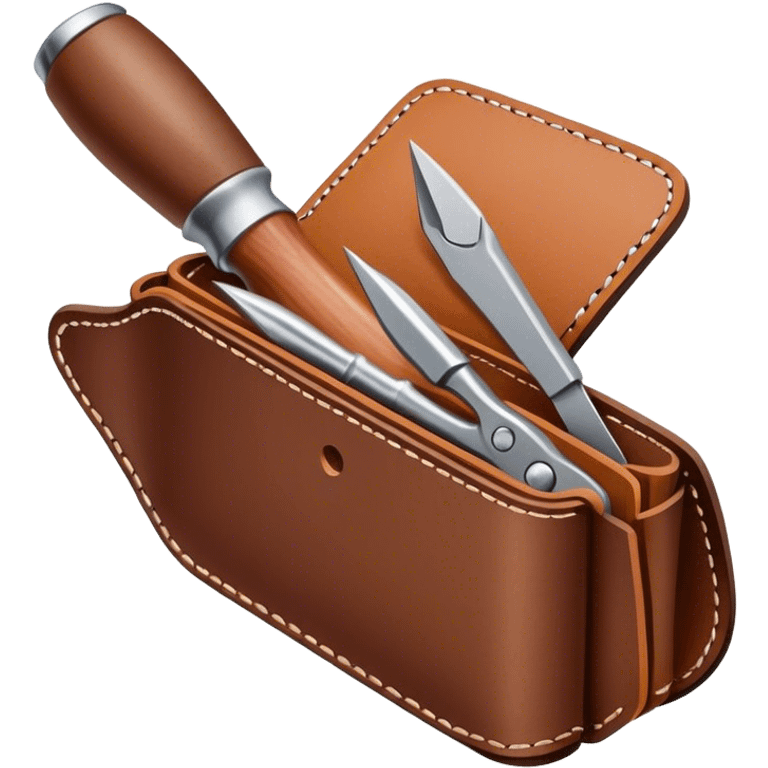 Leatherworking icon, piece of raw leather being crafted into a leather wallet or belt, professional tools like leather stitching awl, edge beveler, hammer, prying tool, minimalistic style, clean lines, transparent background. emoji