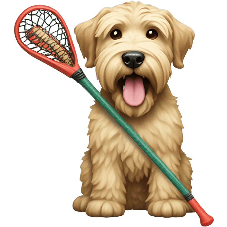 Wheaten terrier  holding a lacrosse stick in its mouth stick emoji