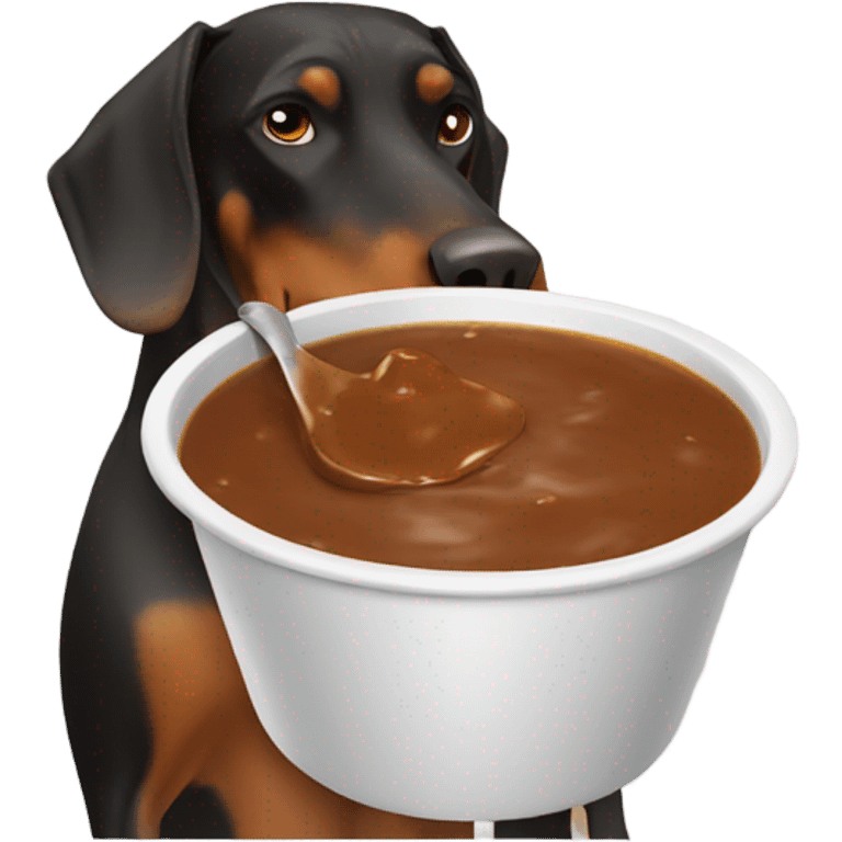 Doberman eating bowl of gravy emoji