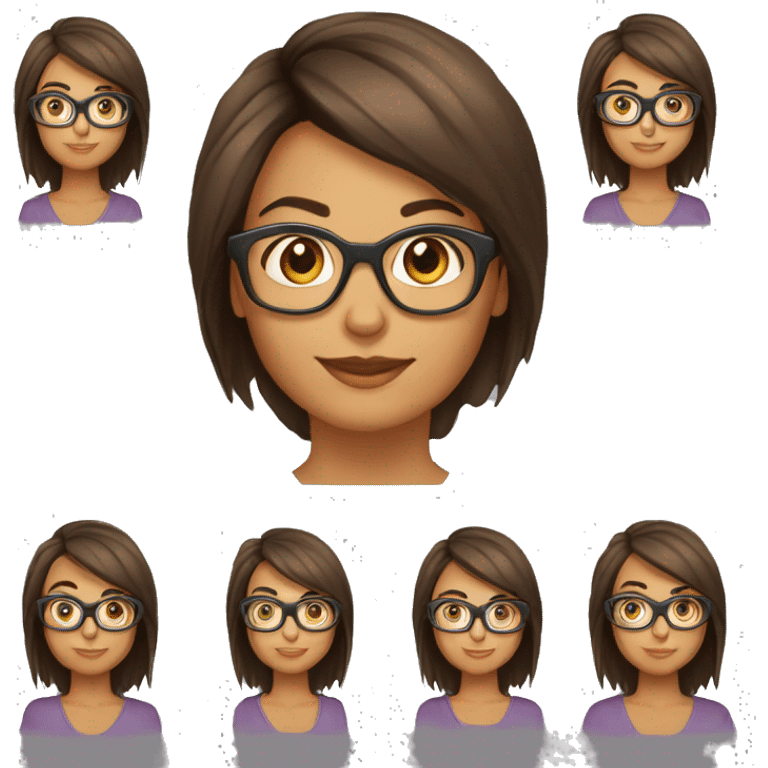 mulher 40 anos, cabelo castanho, longo, olhos castanhos, oculos, sorrindo emoji