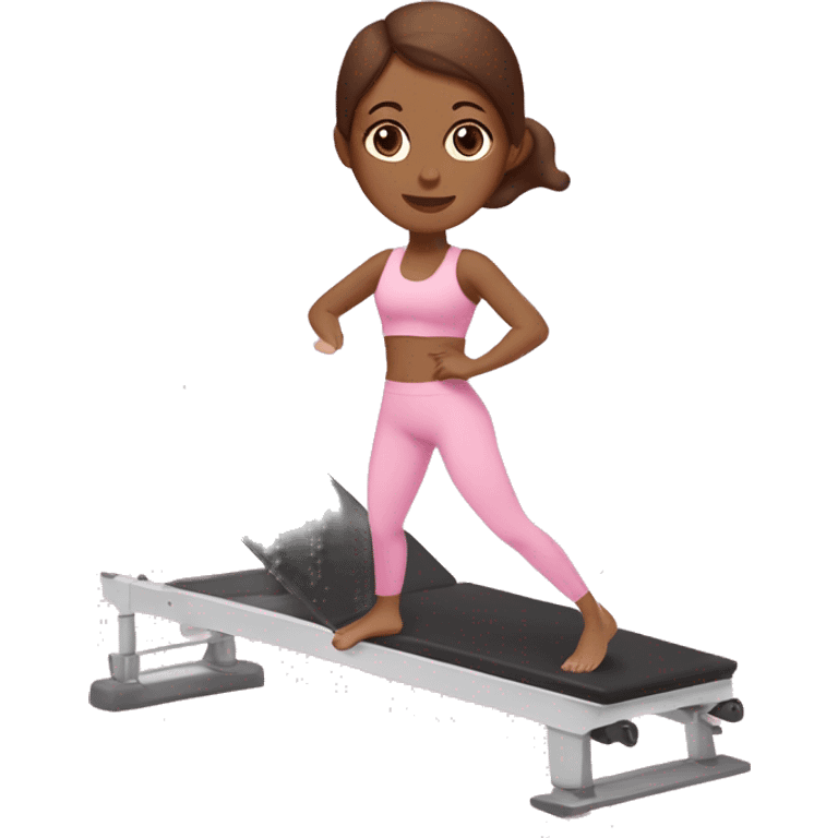 White skin girl with brown hair and brown eyes doing Pilates in a pink workout set on a Pilates machine  emoji