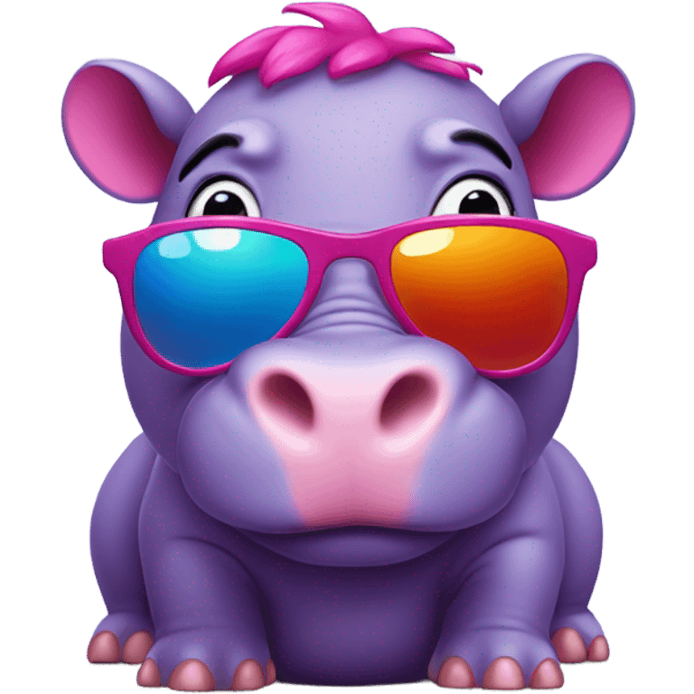 Purple hippo with pink ears, red tail and tiger stripe sunglasses emoji