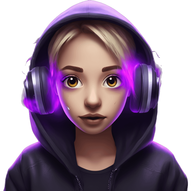 Russian girl wearing black hoody with violet letters "OMG", in vr headset. Cyberpunk style. Violet neon. emoji