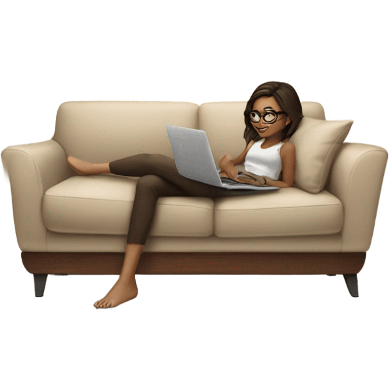 brunette girl laying on a cream colored couch with brown pillows with glasses on and a laptop on small table in front with coffee cup on mouse pad emoji