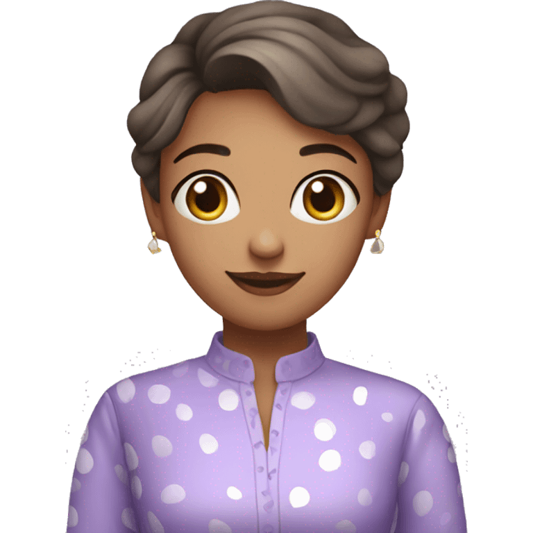 A young woman with lavender kurti white spots saying bye emoji