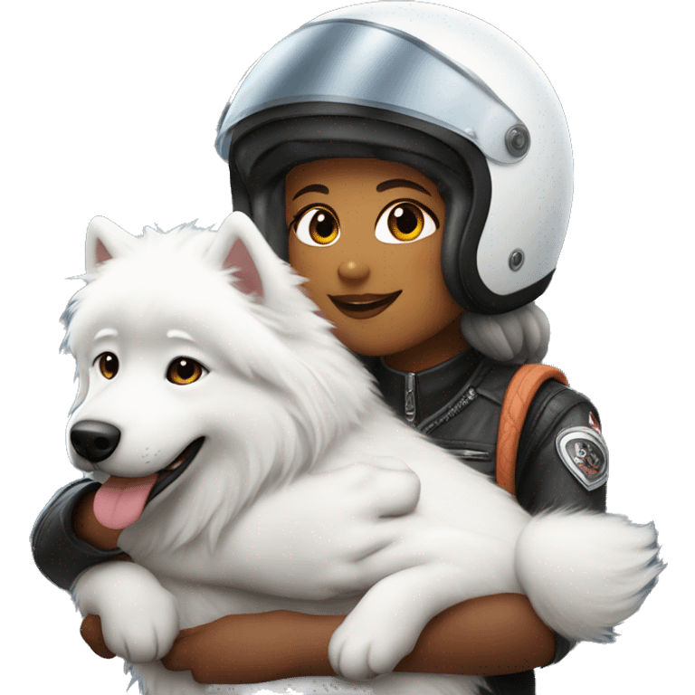 Biker girl with a full helmet hugging a Samoyed  emoji