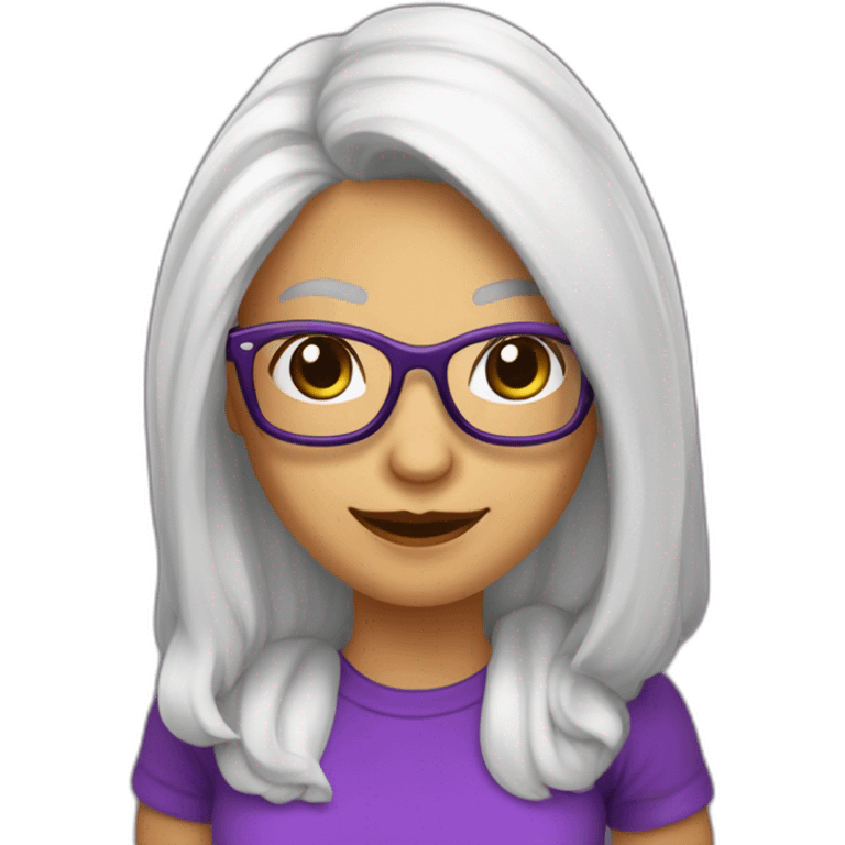 mujer-piel muy blanca-con gafas-sonriendo-camisa morada-pelo corto hasta el hombro-pelo color cafe,con un computador,muy detallada emoji