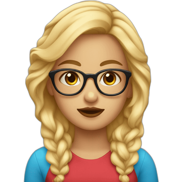 chica rubia con pelo largo ondulado, ojos azules, labios rojos y gafas negras emoji