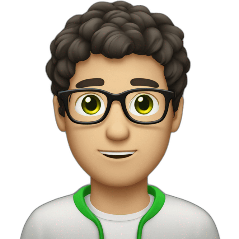 a guy with dark hair, green eyes and glasses. put his hand to his face and thought emoji