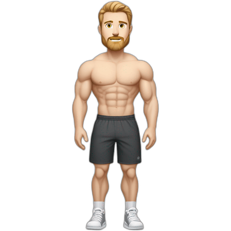 Full height Pale skinned muscular man With Realistic eyes and mouth, light brown hair and stubble In dark gray sleeveless mike, black oversize sports shorts, watch and white sneakers. emoji