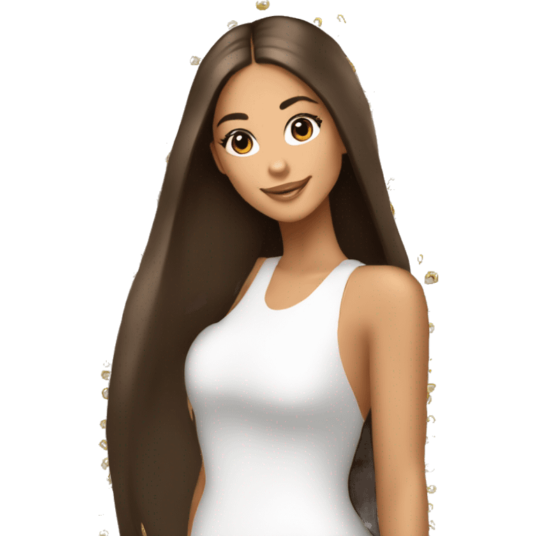  tan fashion girl dark brown long straight hair spraying an ariana grande perfume on emoji