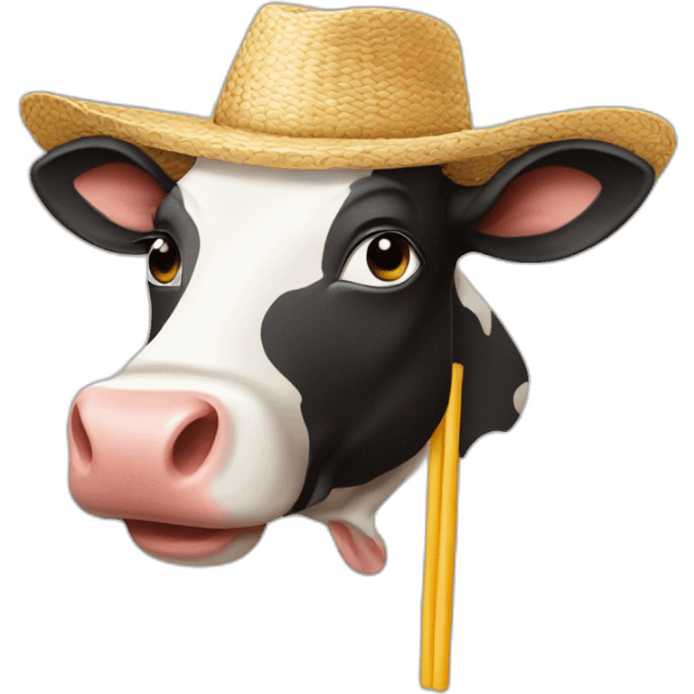 cartoon cow straw hat and chewing a straw emoji