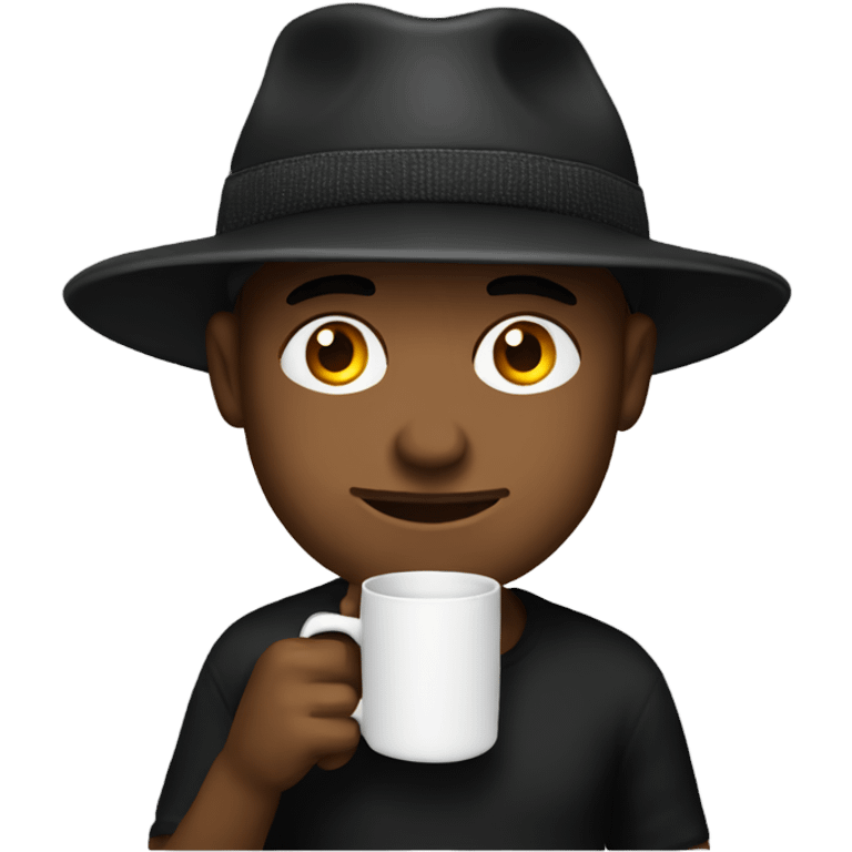 Guy in black trucker hat drinking coffee and has laptop emoji