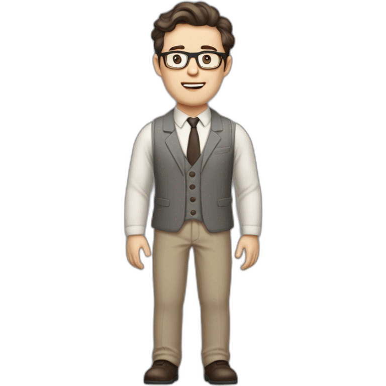 Full height Pale skinned Fit Man With dark brown hair in gray jacket, vest, tie, beige office shirt, Brown pants and vintage glasses. Thrumbs of his palms directed up emoji