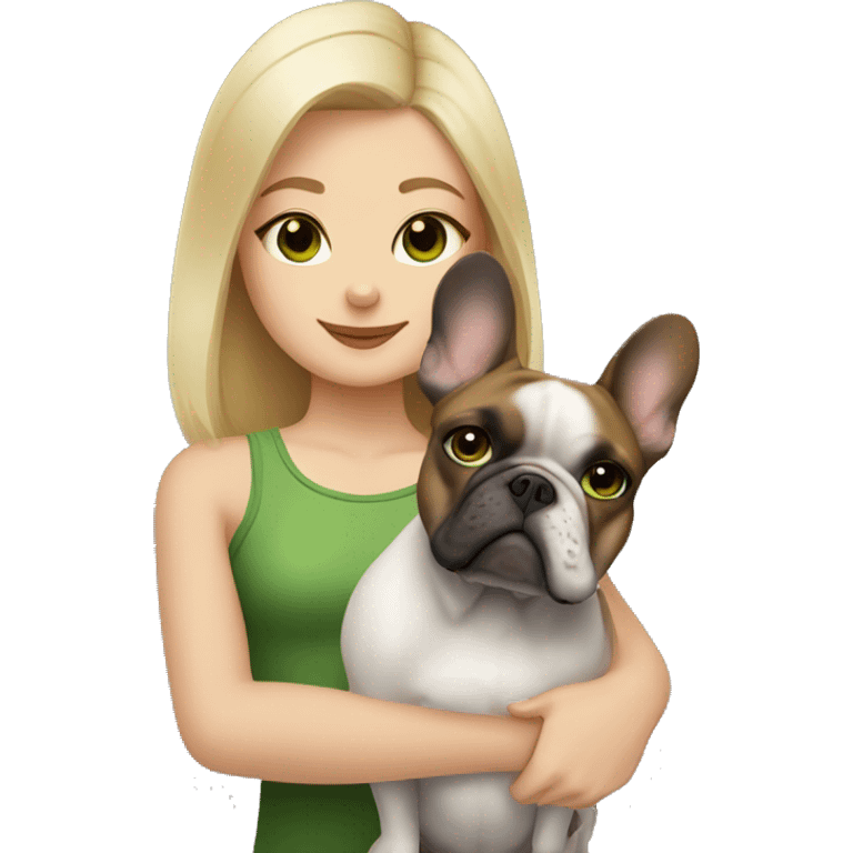 A blonde girl with green eyes with a square hugs a French bulldog with brown eyes and dark gray fur emoji