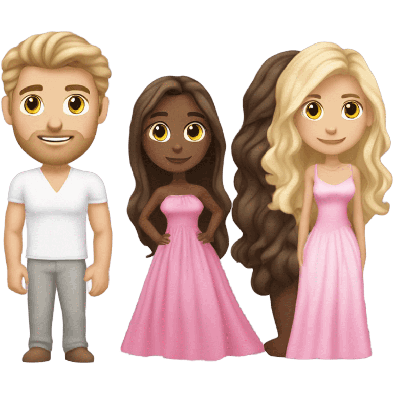 A handsome pale Greek god man who has long brown hair and tanned skin with a pretty black skinny tall model woman who has long voluminous brown & blonde highlights hair  and she is wearing a pink dress and they are a couple emoji