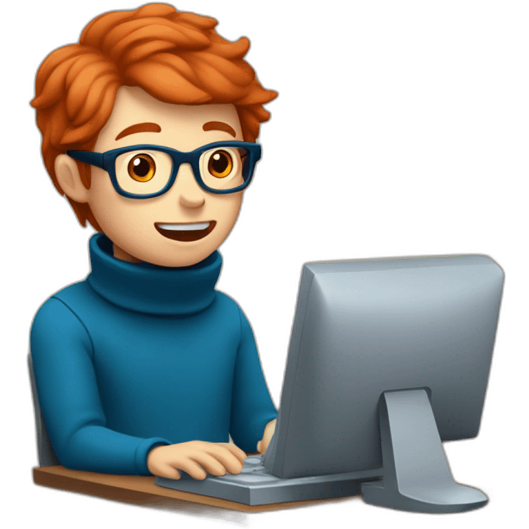 a red-haired boy with glasses and blue eyes in a turtleneck works at the computer and sings emoji