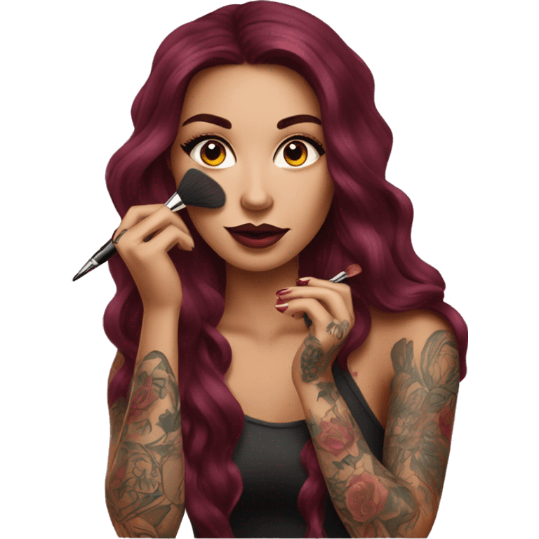 Beautiful tattooed burgundy long haired woman doing her makeup emoji