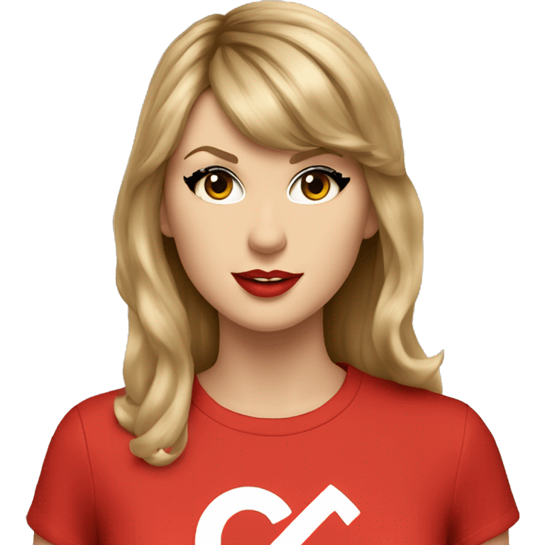 taylor swift wearing a red t-shirt with a "G" on it emoji