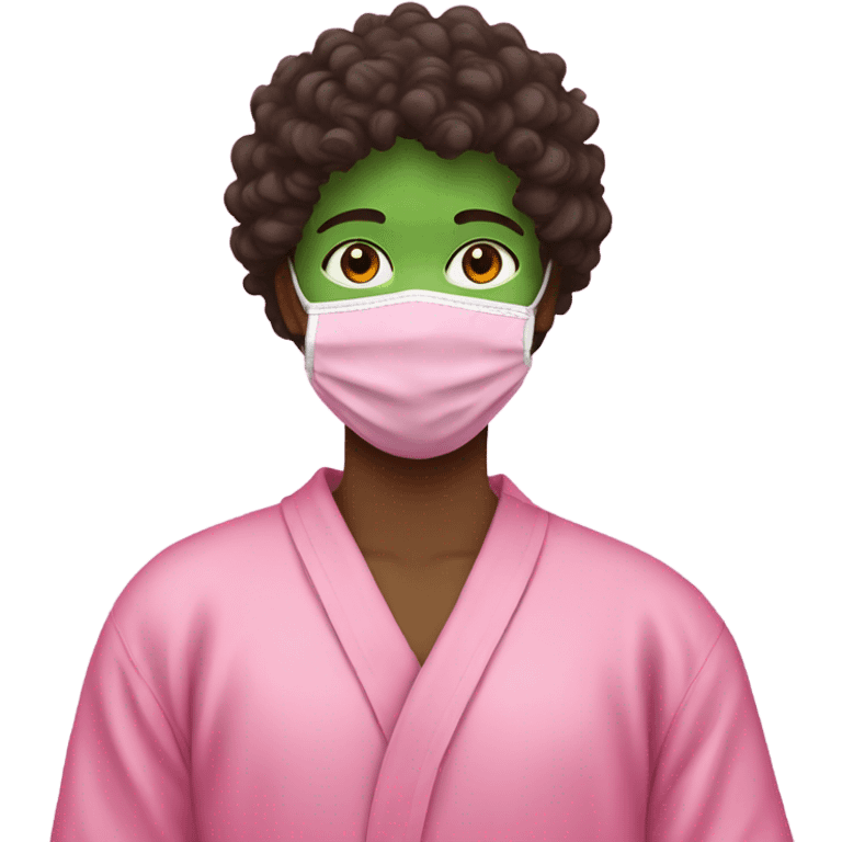 dark brown curly hair, green face mask,pink robe emoji