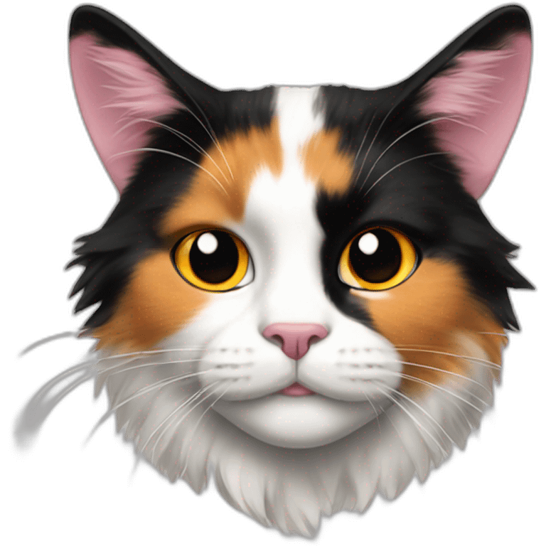 girl fluffy calico cat face left side black right orange rest is white pink nose emoji